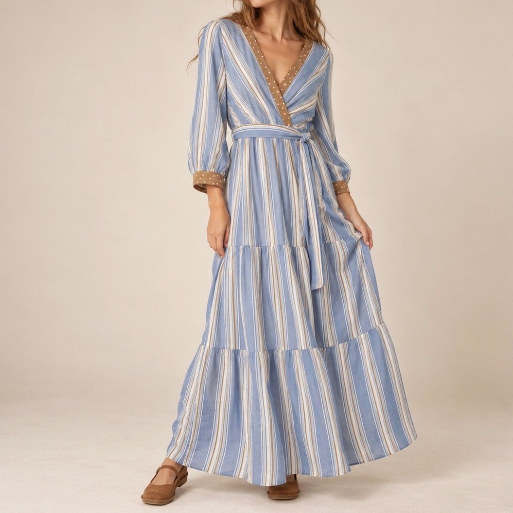 Cotton Maxi Dress Striped Tiered Boho M Blue Coastal Romantic Feminine Modest